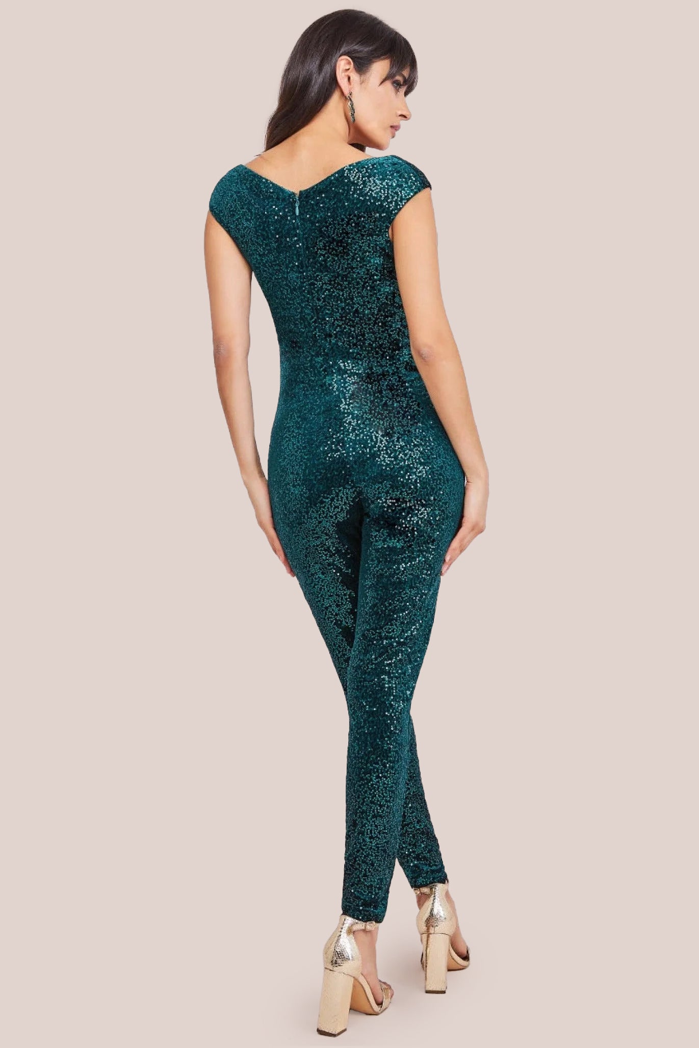 Sequin Velvet Bardot Jumpsuit - Emerald Green TR371