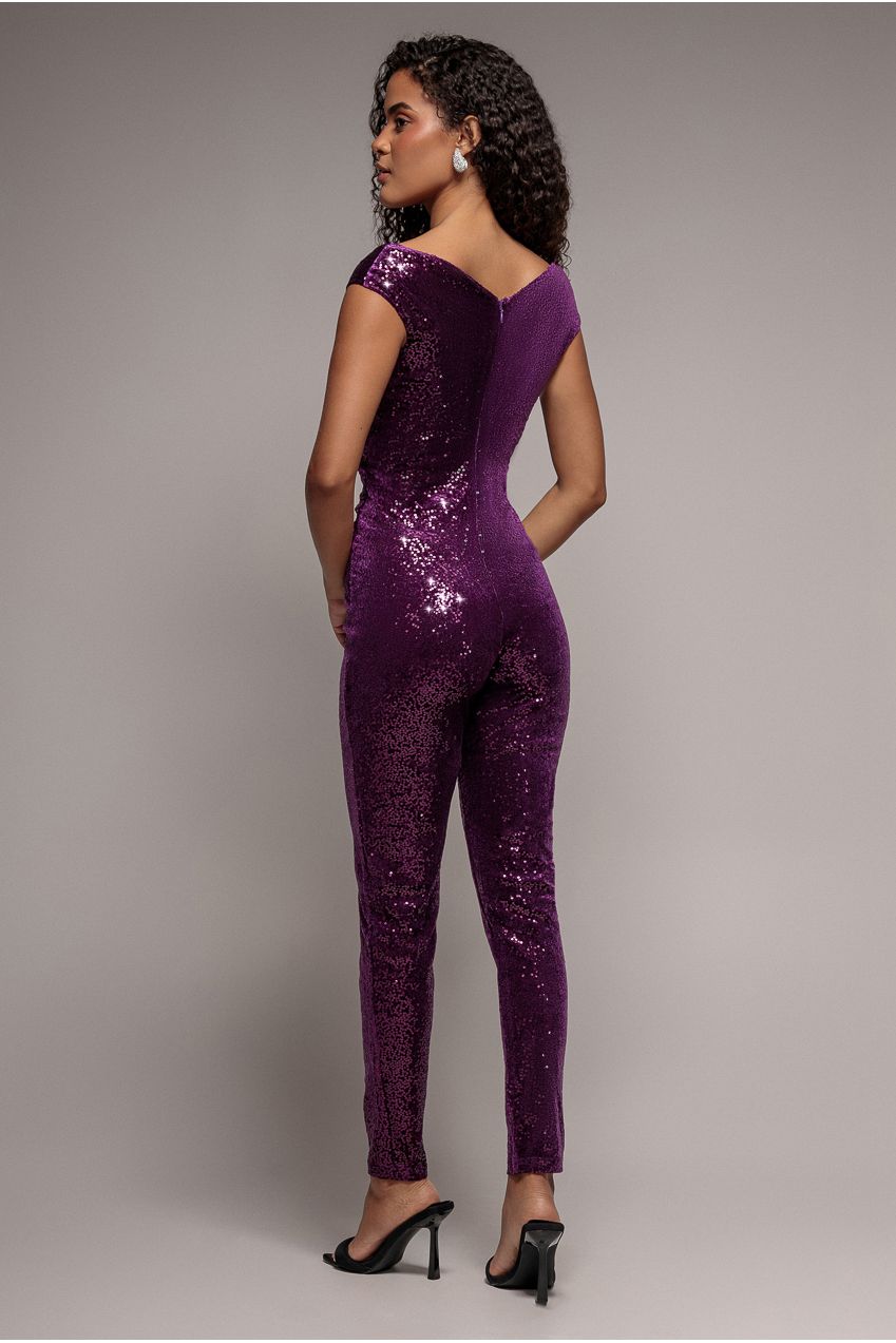 Sequin Velvet Bardot Jumpsuit - Magenta TR371