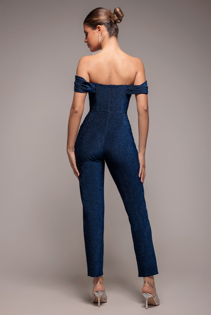 Lurex Cowl Neck Jumpsuit - Navy TR374