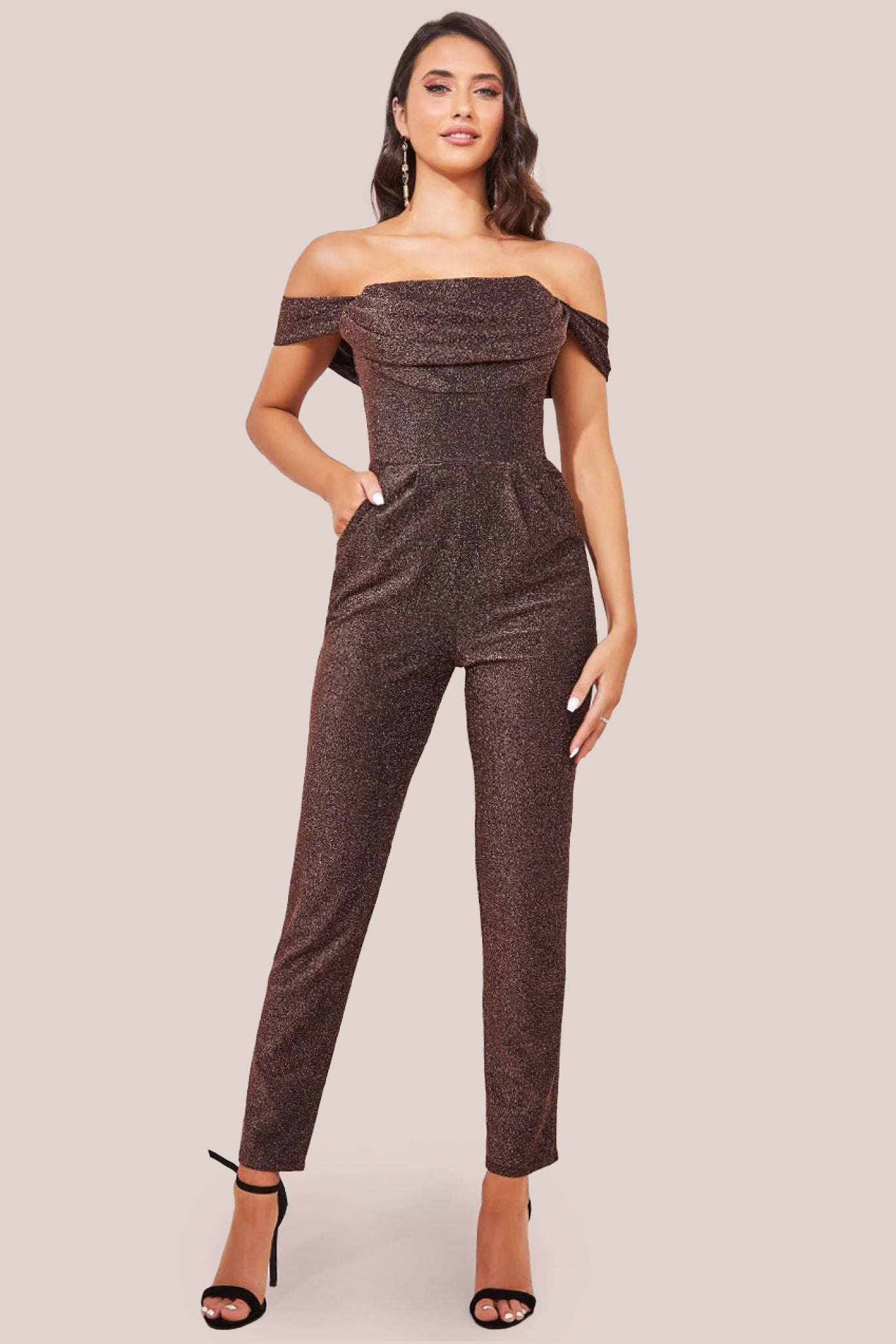 Lurex Cowl Neck Jumpsuit - Bronze TR374