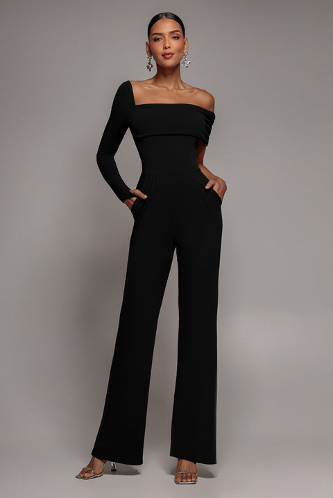 One Shoulder Scuba Jumpsuit - Black by Goddiva