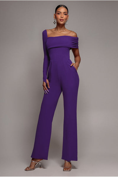 Purple - One Shoulder Scuba Jumpsuit - Purple by Goddiva