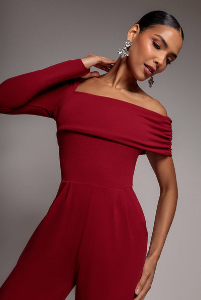 One Shoulder Scuba Jumpsuit - Wine by Goddiva
