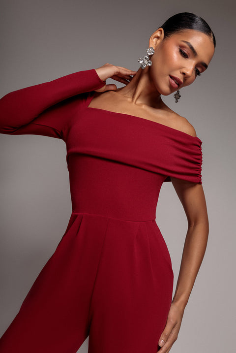 One Shoulder Scuba Jumpsuit - Wine by Goddiva