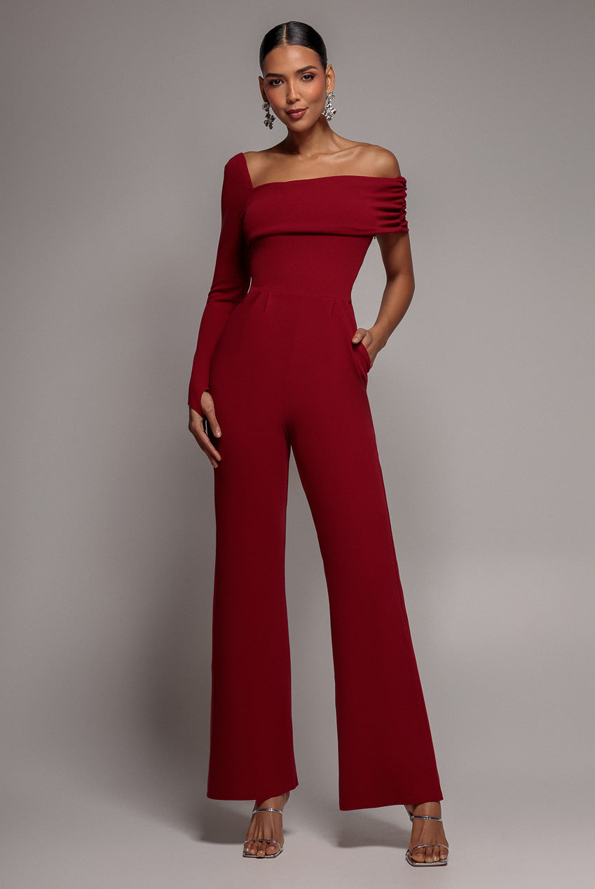 One Shoulder Scuba Jumpsuit - Wine TR375