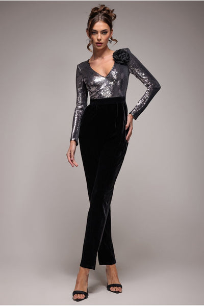 Silver - Liquid Sequin Jumpsuit With Corsage - Silver by Goddiva
