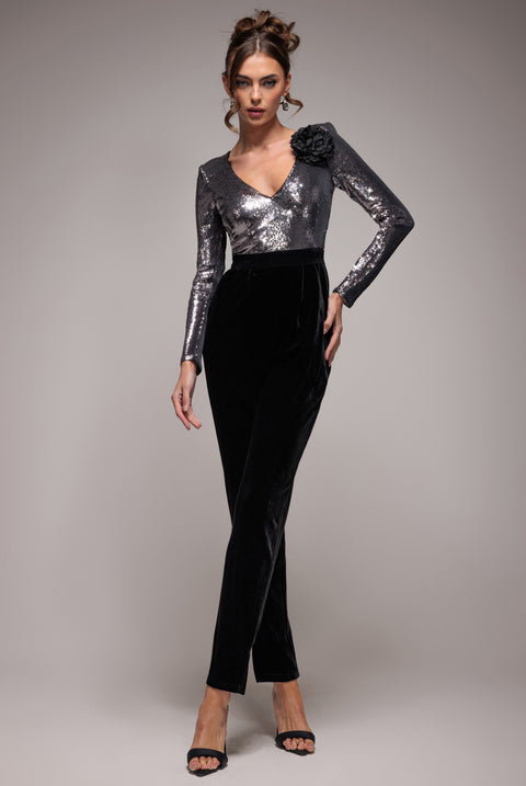 Liquid Sequin Jumpsuit With Corsage - Silver by Goddiva