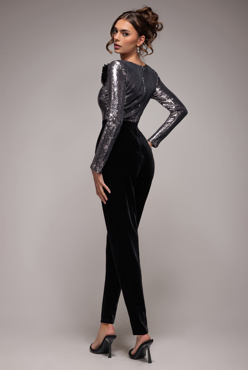 Liquid Sequin Jumpsuit With Corsage - Silver TR380