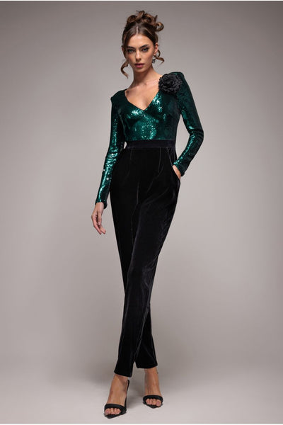 Emerald - Liquid Sequin Jumpsuit With Corsage - Emerald Green by Goddiva