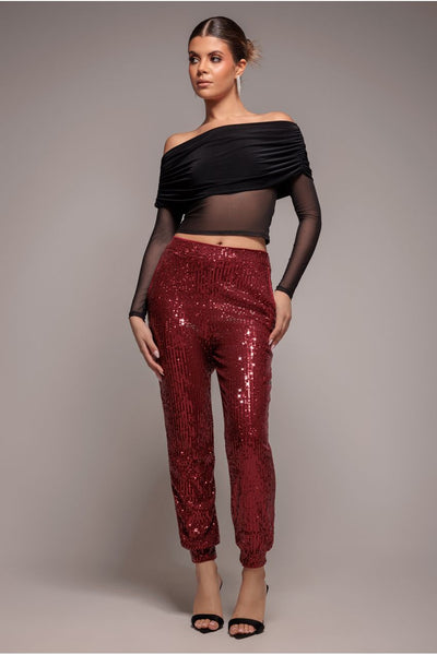 Wine - Sequin Cuffed Ankle Trouser - Wine by Goddiva