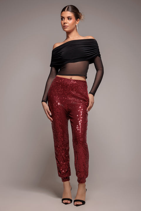Sequin Cuffed Ankle Trouser - Wine by Goddiva