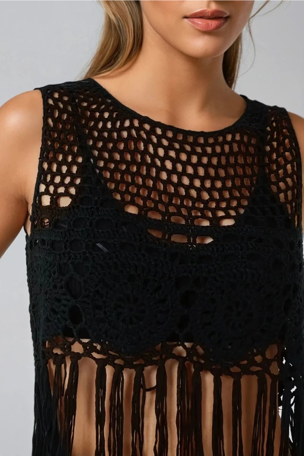 Black Tassel Hem Crochet Top WFAL4973