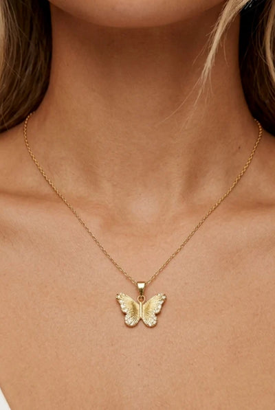 Gold - Textured Butterfly Necklace With Stones by MUCHV
