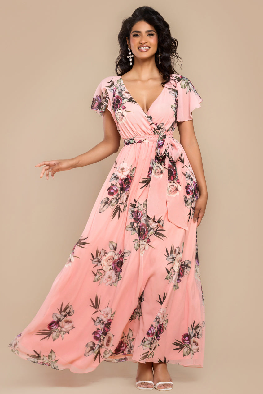 Sustainable Printed Flutter Sleeve Maxi Dress - Peach DR1582BBS