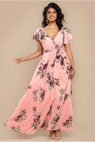 Sustainable Printed Flutter Sleeve Maxi Dress - Peach by Goddiva
