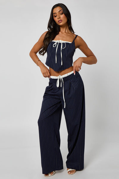 Navy - Pinstripe Double Waistband Low Rise Trouser by Urban Bliss