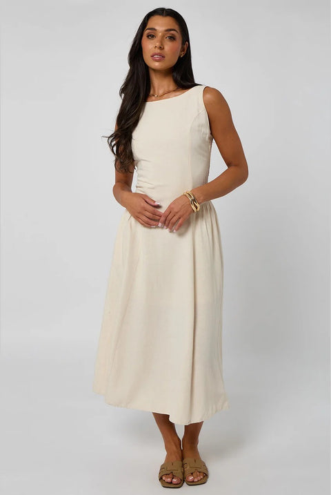 Stone Linen-Look Sleeveless Smock Dress by Urban Bliss
