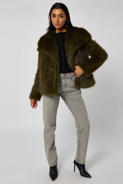 Khaki - Khaki Faux Fur Jacket by Urban Bliss