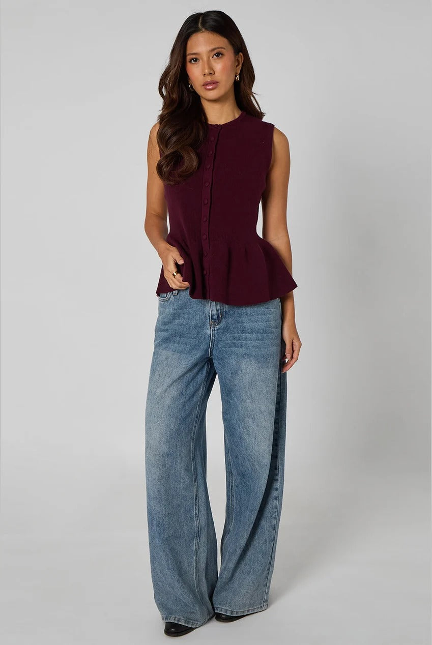 Plum Peplum Button Front Vest 40KW37670-c67
