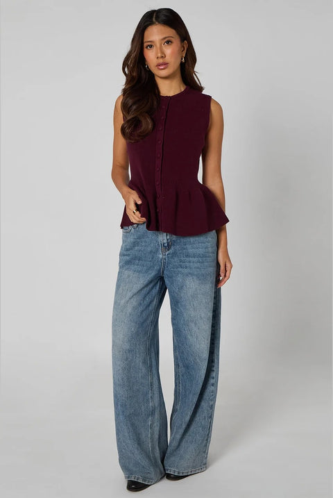 Plum Peplum Button Front Vest by Urban Bliss
