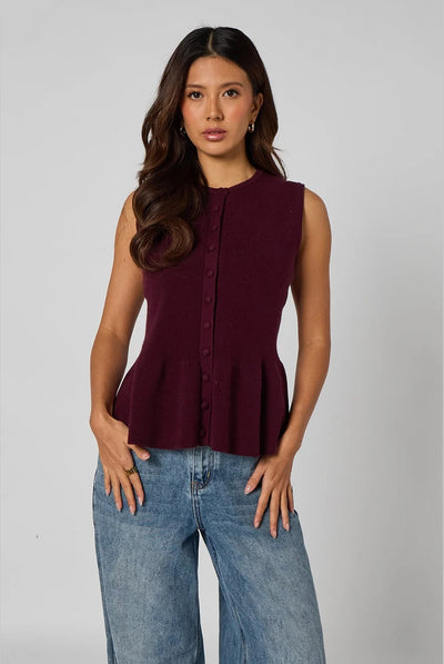 Plum - Plum Peplum Button Front Vest by Urban Bliss