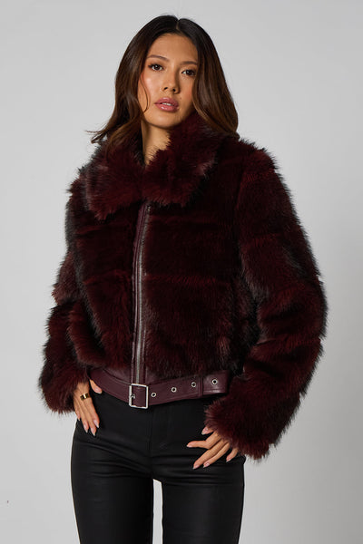 Plum - Cut Faux Fur Belted Bomber Jacket by Urban Bliss
