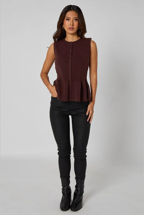 Brown Peplum Button Front Vest by Urban Bliss