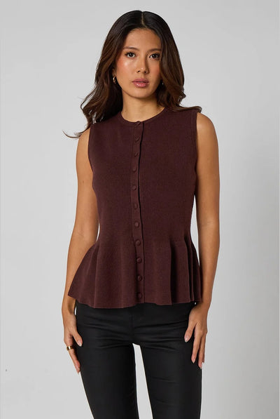 Brown - Brown Peplum Button Front Vest by Urban Bliss