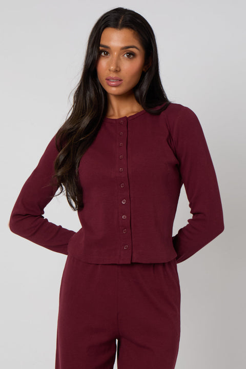 Burgundy Long Sleeved Button Front Top by Urban Bliss