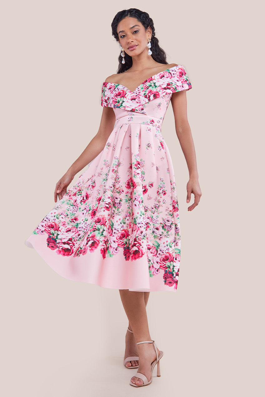 Bardot Floral Print A-Line Scuba Foam Midi Dress - Blush DR4228