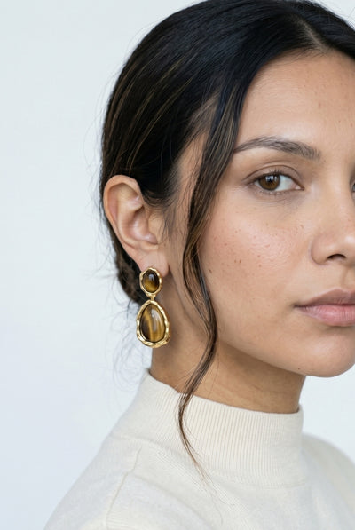 Gold - Nekomeishi Tigers Eye Oversized Earrings by Uchi & Soto