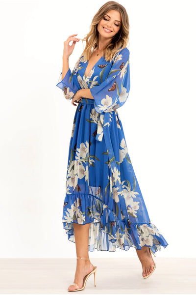 Blue - Kimono Wrap Floral Dress by Urban Touch