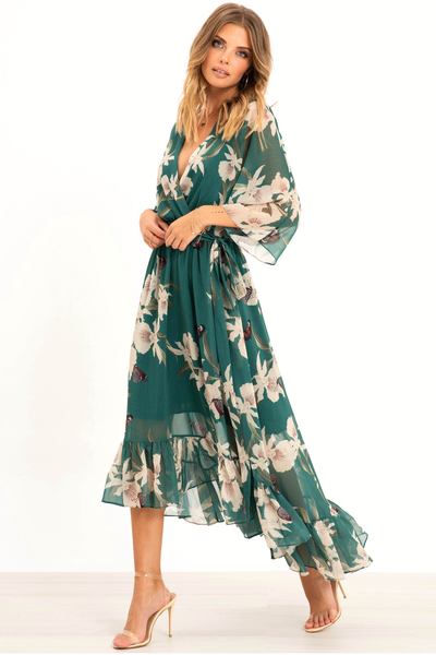 Green - Kimono Wrap Floral Dress by Urban Touch