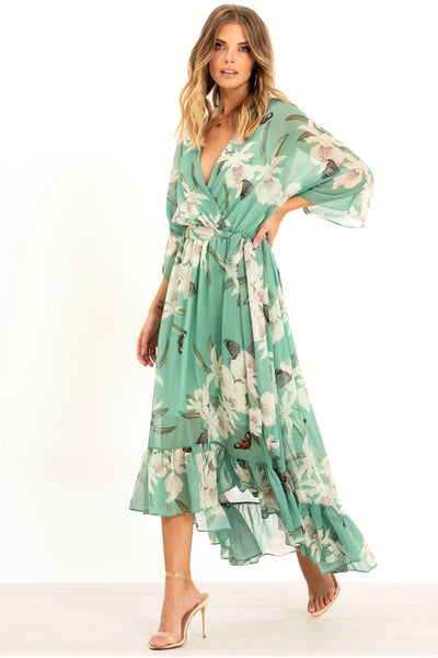 Mint - Kimono Wrap Floral Dress by Urban Touch