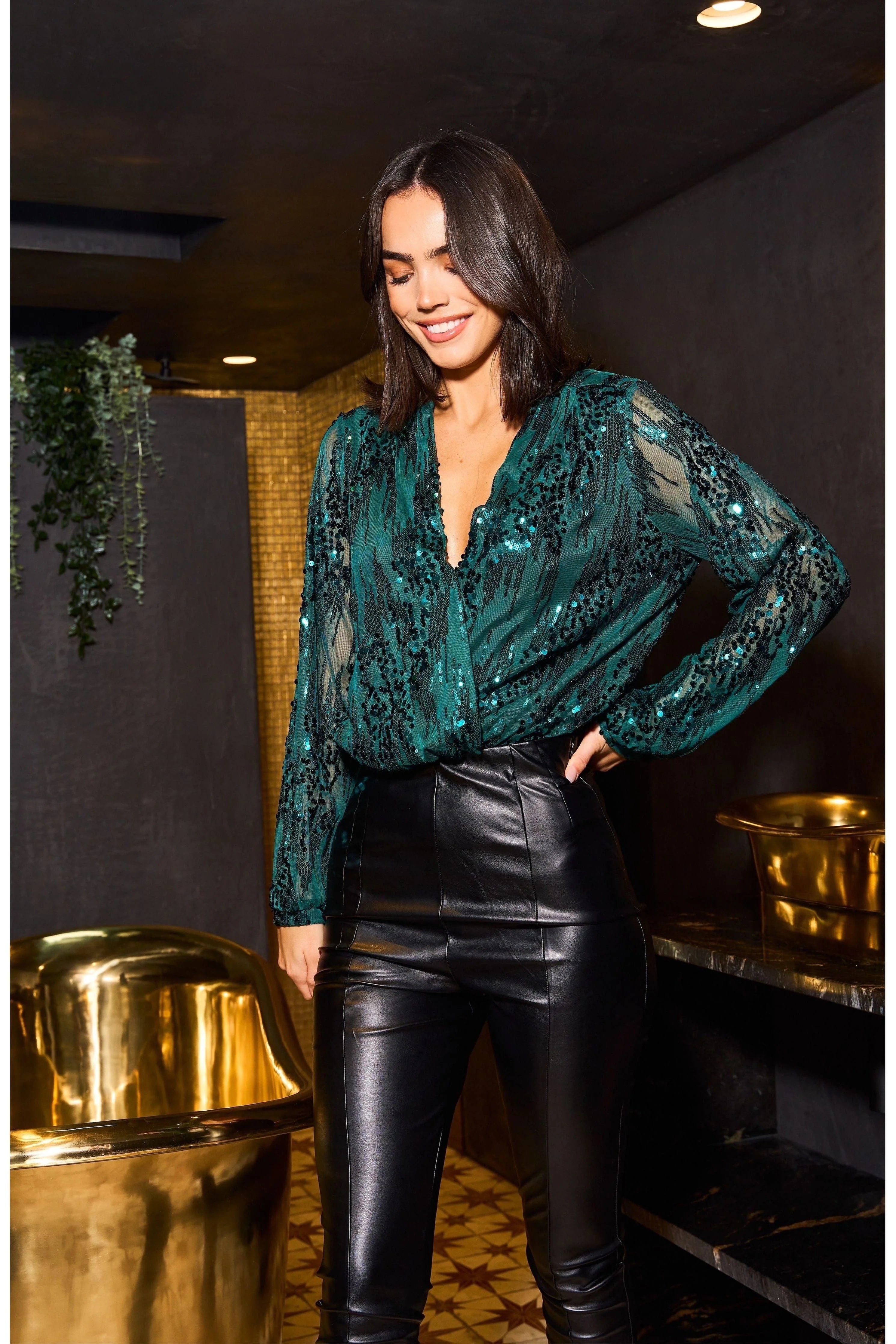 Sequin Wrap Bodysuit With Long Sleeve UTAW22041