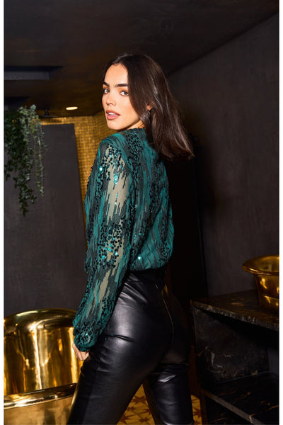 Green - Sequin Wrap Bodysuit With Long Sleeve by Urban Touch