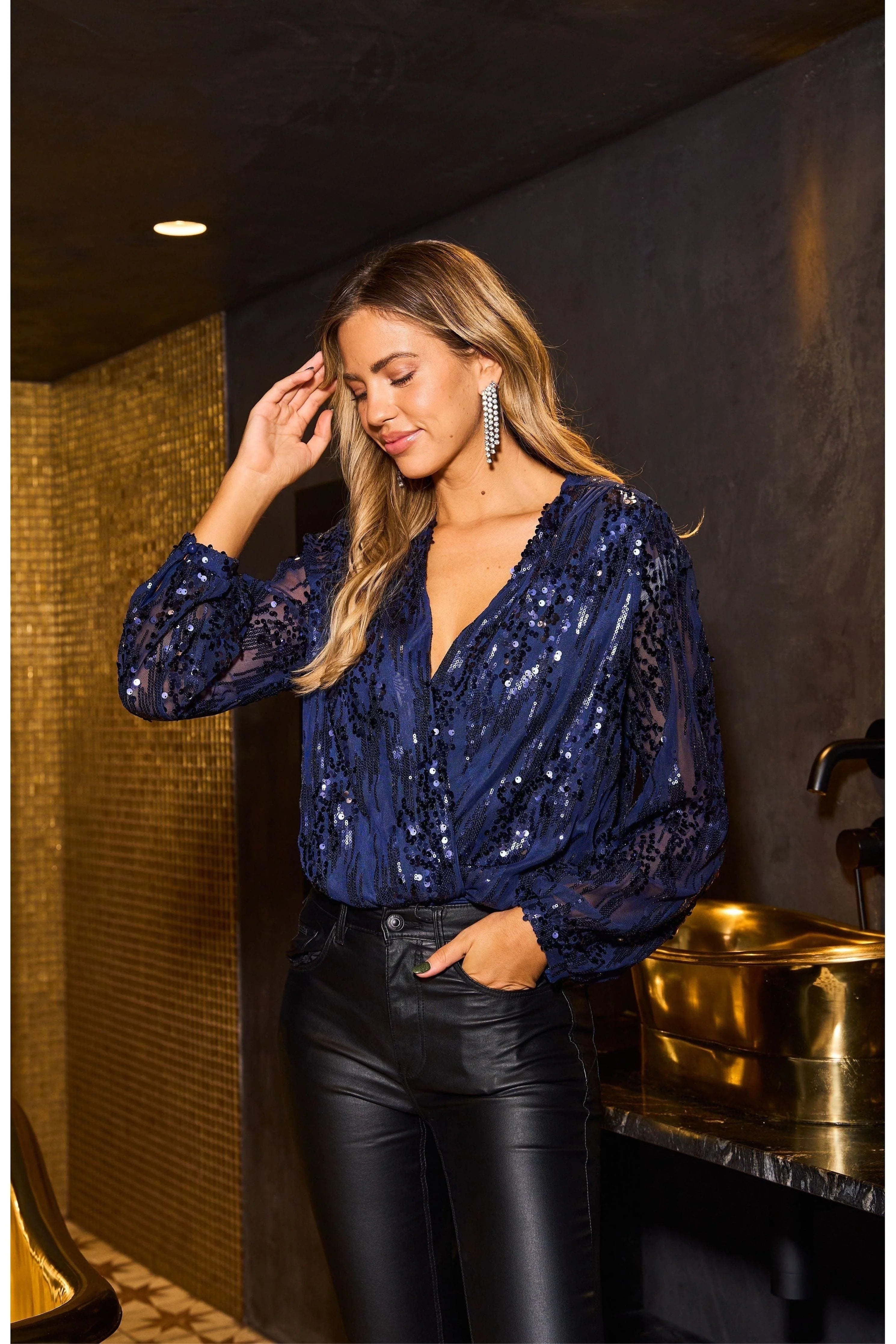 Sequin Wrap Bodysuit With Long Sleeve UTAW22041