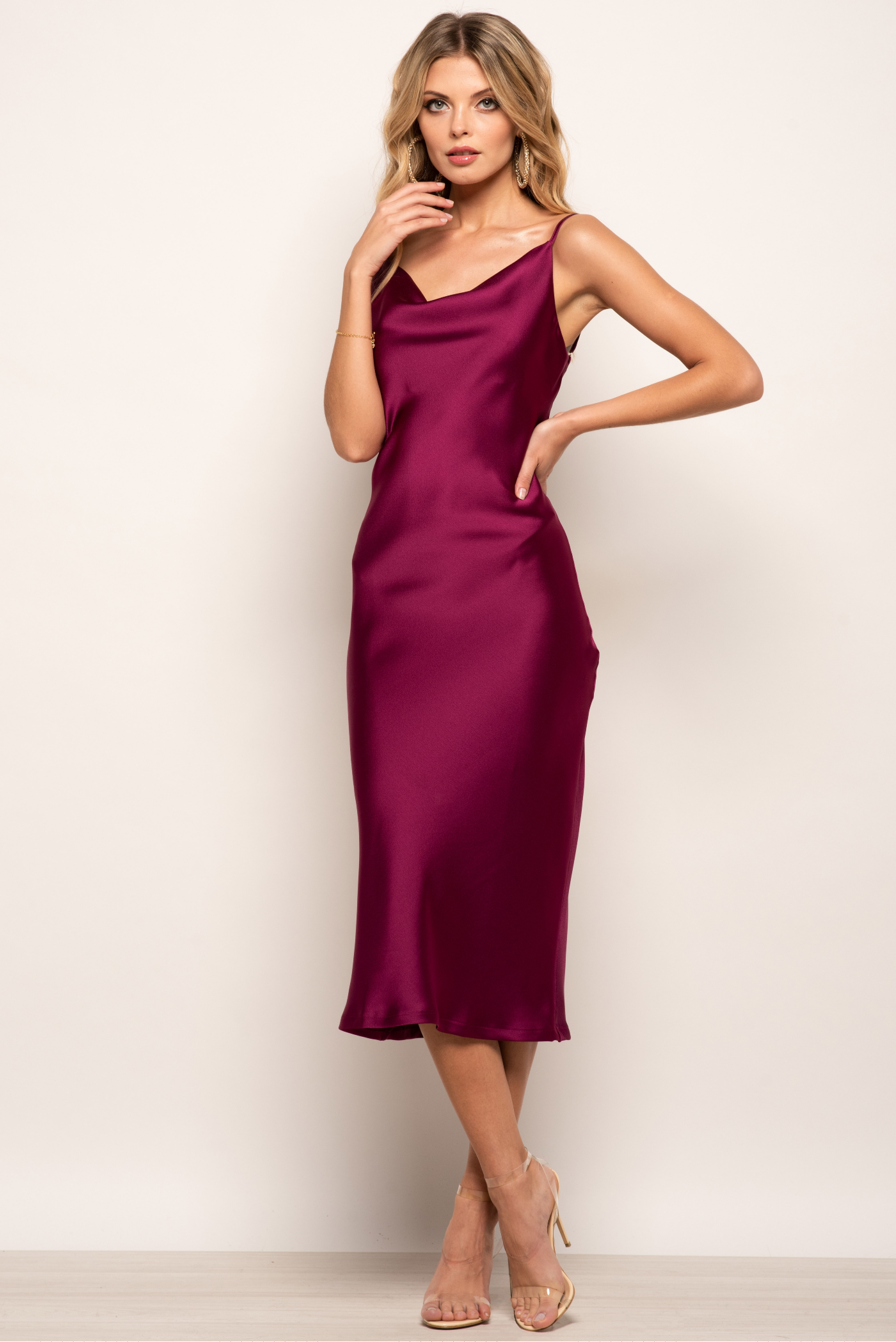 Cowl Neck Satin Slip Cami Midi Dress UTSS19012