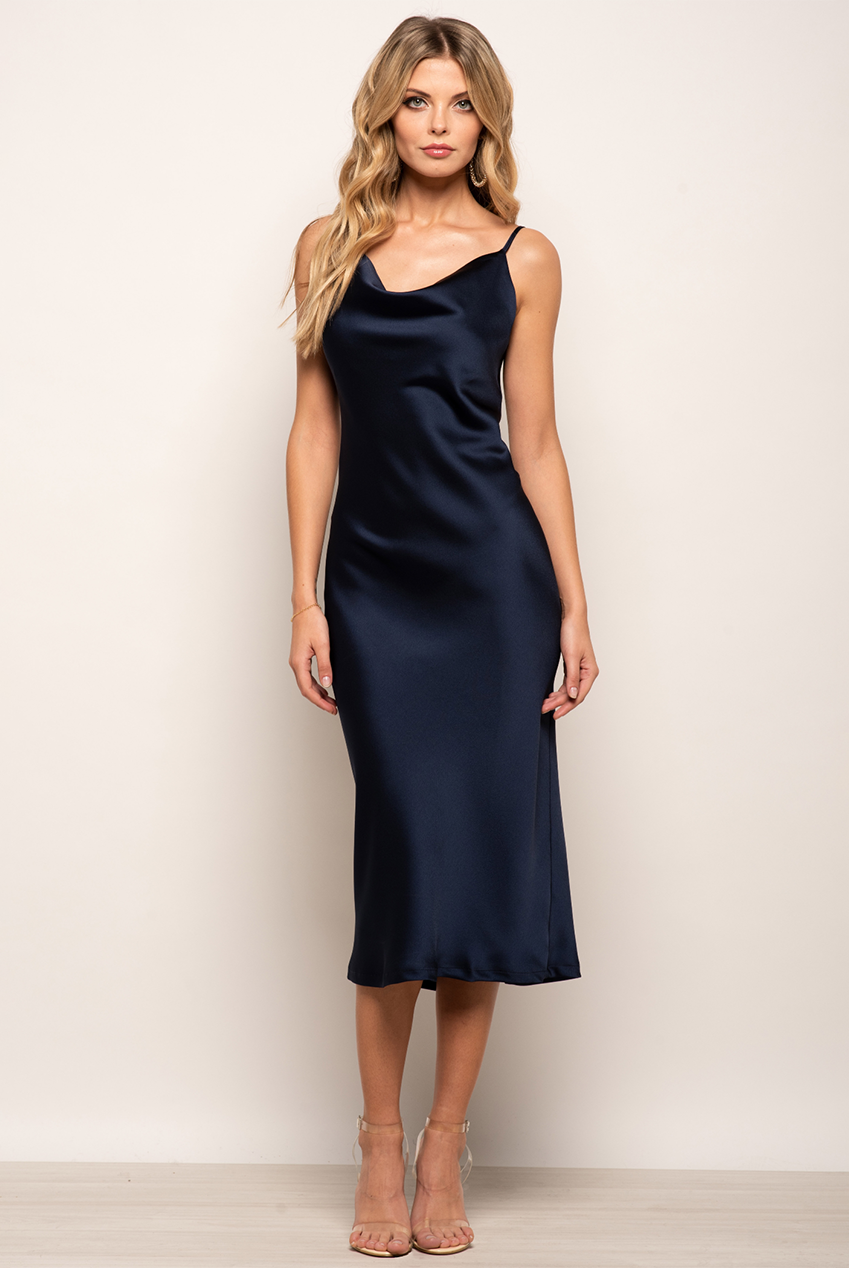 Cowl Neck Satin Slip Cami Midi Dress UTSS19012