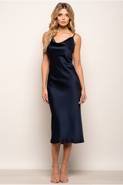 Navy - Cowl Neck Satin Slip Cami Midi Dress by Urban Touch