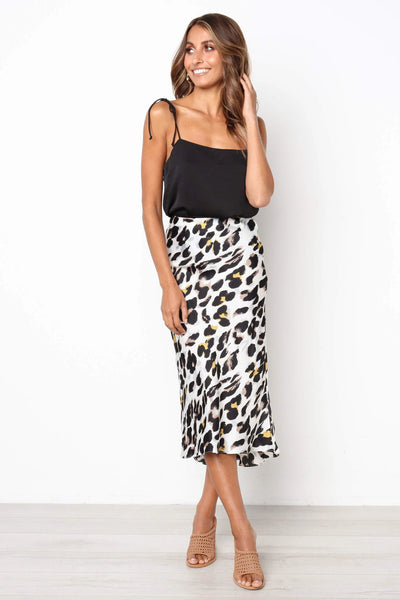 White - Satin Leopard Print Midi Slip Skirt by Urban Touch