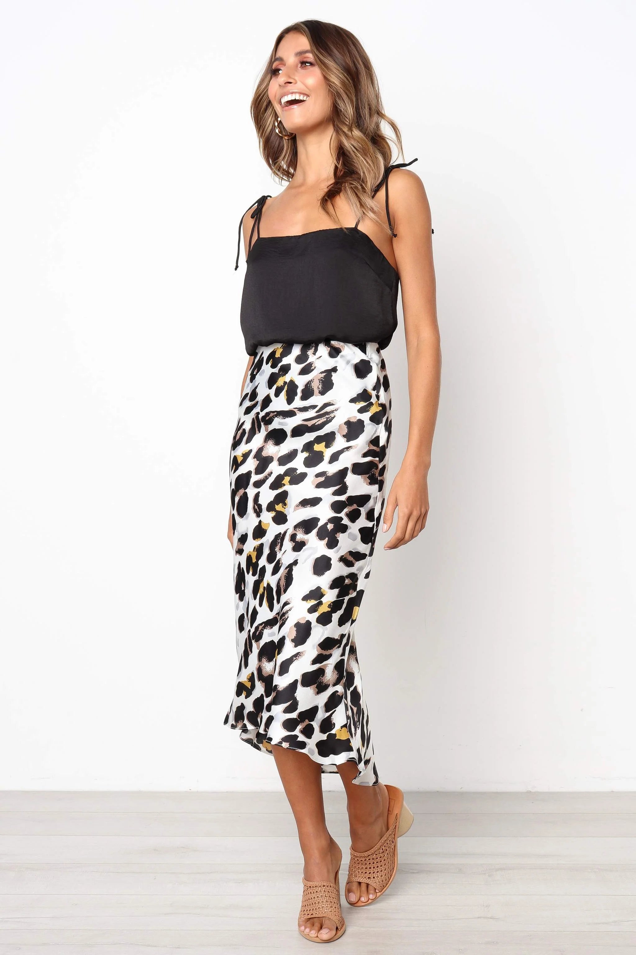 Satin Leopard Print Midi Slip Skirt UTSS19032