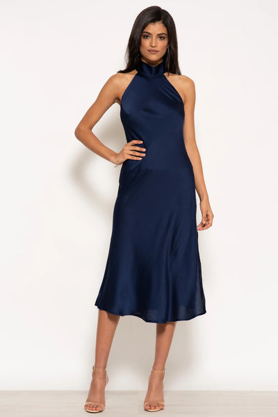 Navy - Halterneck Satin Midi Dress by Urban Touch