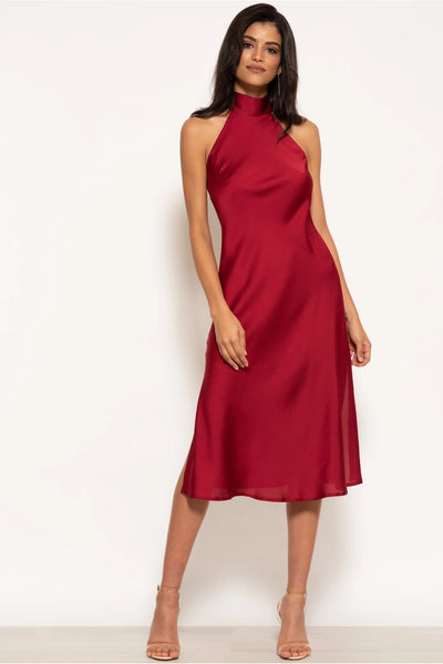 Red - Halterneck Satin Midi Dress by Urban Touch