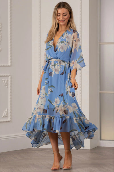 Light Blue - Kimono Wrap Floral Dress by Urban Touch
