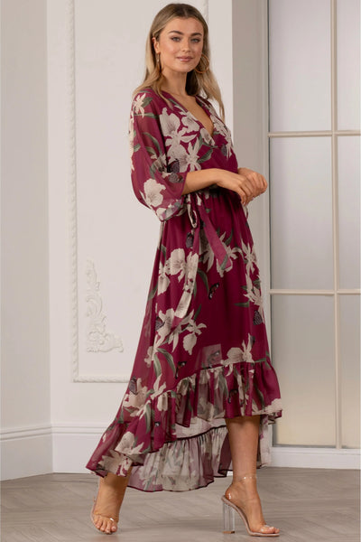Burgundy - Kimono Wrap Floral Dress by Urban Touch