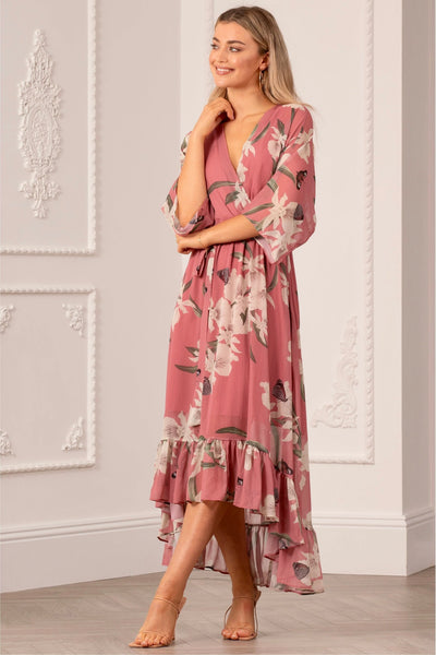 Peach - Kimono Wrap Floral Dress by Urban Touch