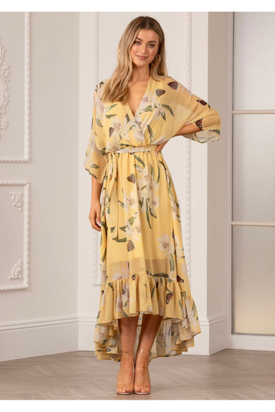 Yellow - Kimono Wrap Floral Dress by Urban Touch