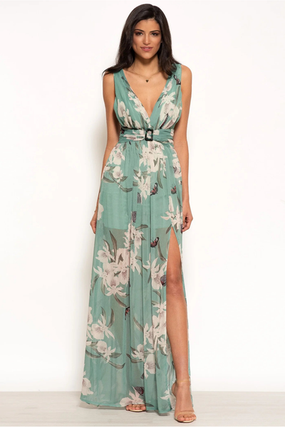 Mint - Floral Print Belted Maxi Dress by Urban Touch