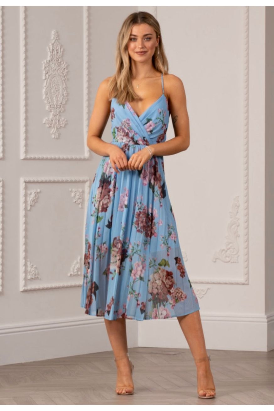 Floral Print Pleated Wrap Body Midi Dress UTSS22019